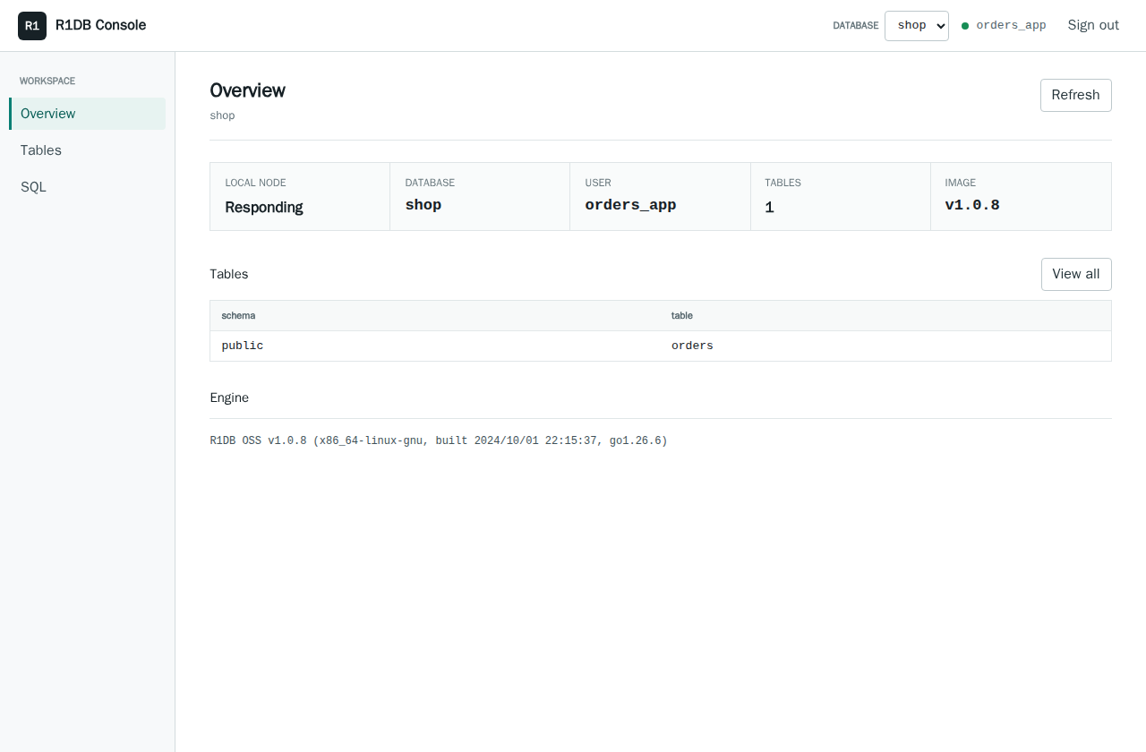 R1DB Console displaying the orders query and its sample result