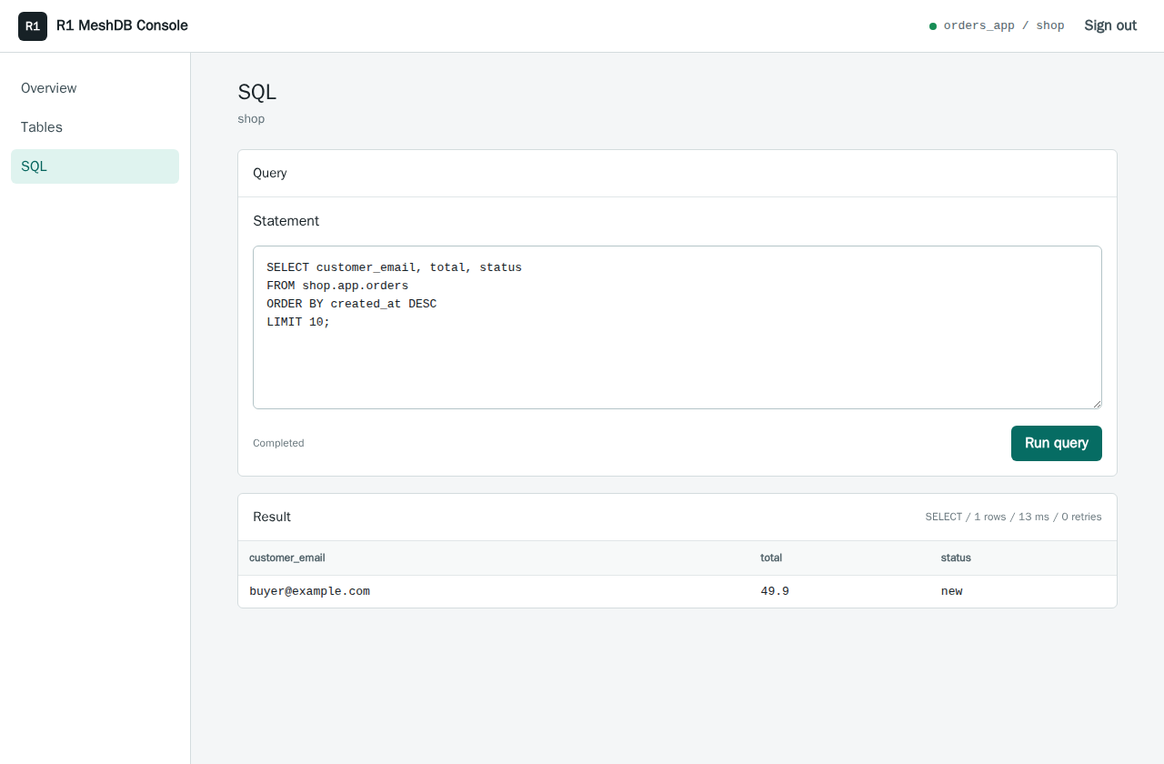 R1DB Console displaying the orders query and its sample result